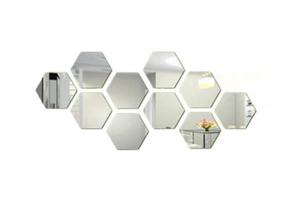 Set 12 stickere auto-adezive, oglinda decorativa forma hexagon, diametru 12.6 cm