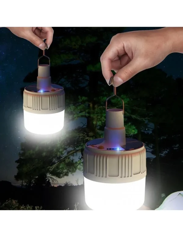 Bec reincarcabil si lanterna solara portabila de urgenta pentru camping, USB si carlig de agatare