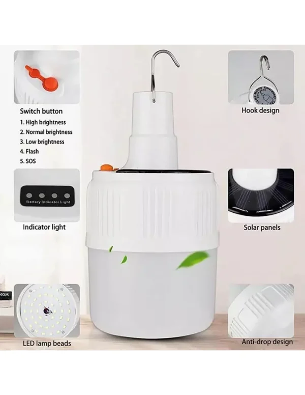 Bec reincarcabil si lanterna solara portabila de urgenta pentru camping, USB si carlig de agatare