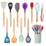 Set 12 Ustensile de Gatit din Silicon, cu Maner din Bambus, Multicolor 3 Set 12 Ustensile de Gatit din Silicon, cu Maner din Bambus, Multicolor