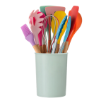 Set 12 Ustensile de Gatit din Silicon, cu Maner din Bambus, Multicolor