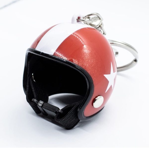 Breloc chei Lerods model casca moto cu carabina si inel, culoare rosu