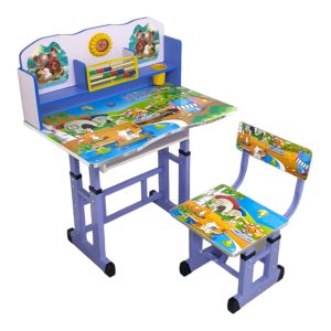 Birou cu scaun pentru copii, reglabil, cadru metalic si lemn, Albastru