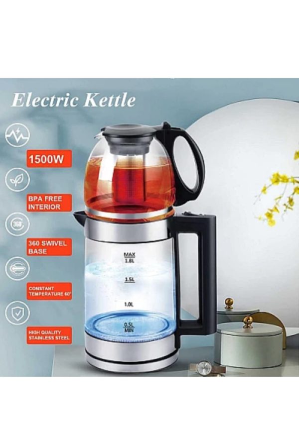 Incalzitor de apa cu ceainic, din sticla, electric, putere 1500W, functie de pastrare a temperaturii, negru/argintiu